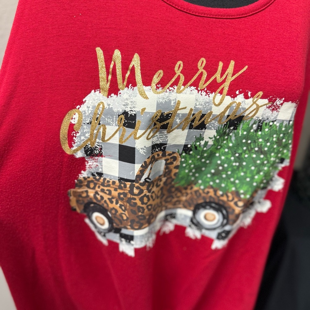 Cato 22/24W Red Buffalo Plaid Leopard Truck Christmas Tie Front Holiday Top - Picture 2 of 9